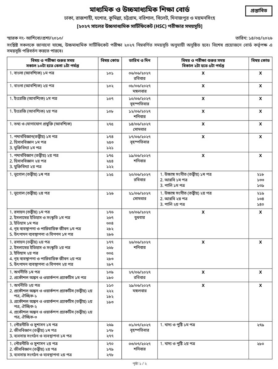 HSC Routine 2027 page 1 – subject-wise exam dates, days and subject codes for all education boards